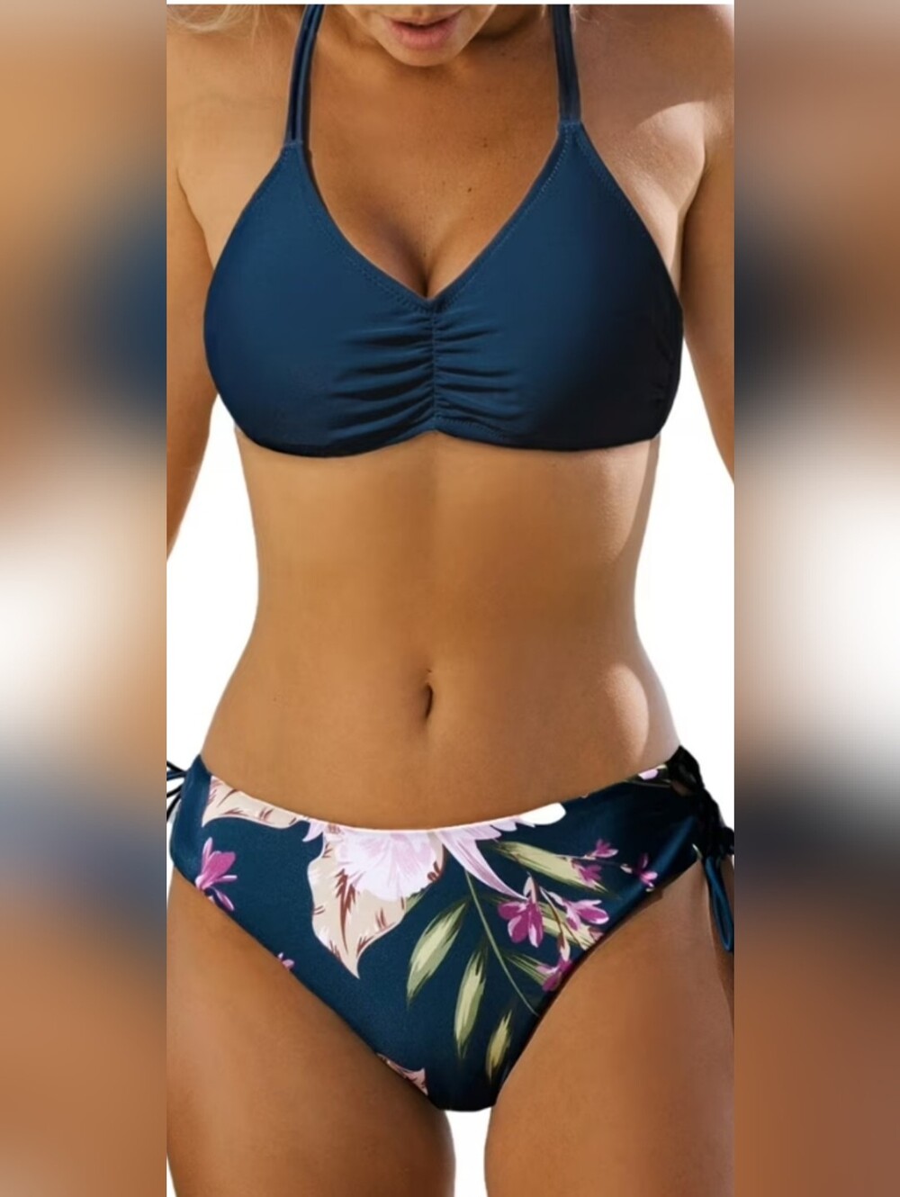 Cupshe Green Ruched Bikini Top with Floral Tie-Side Bottoms